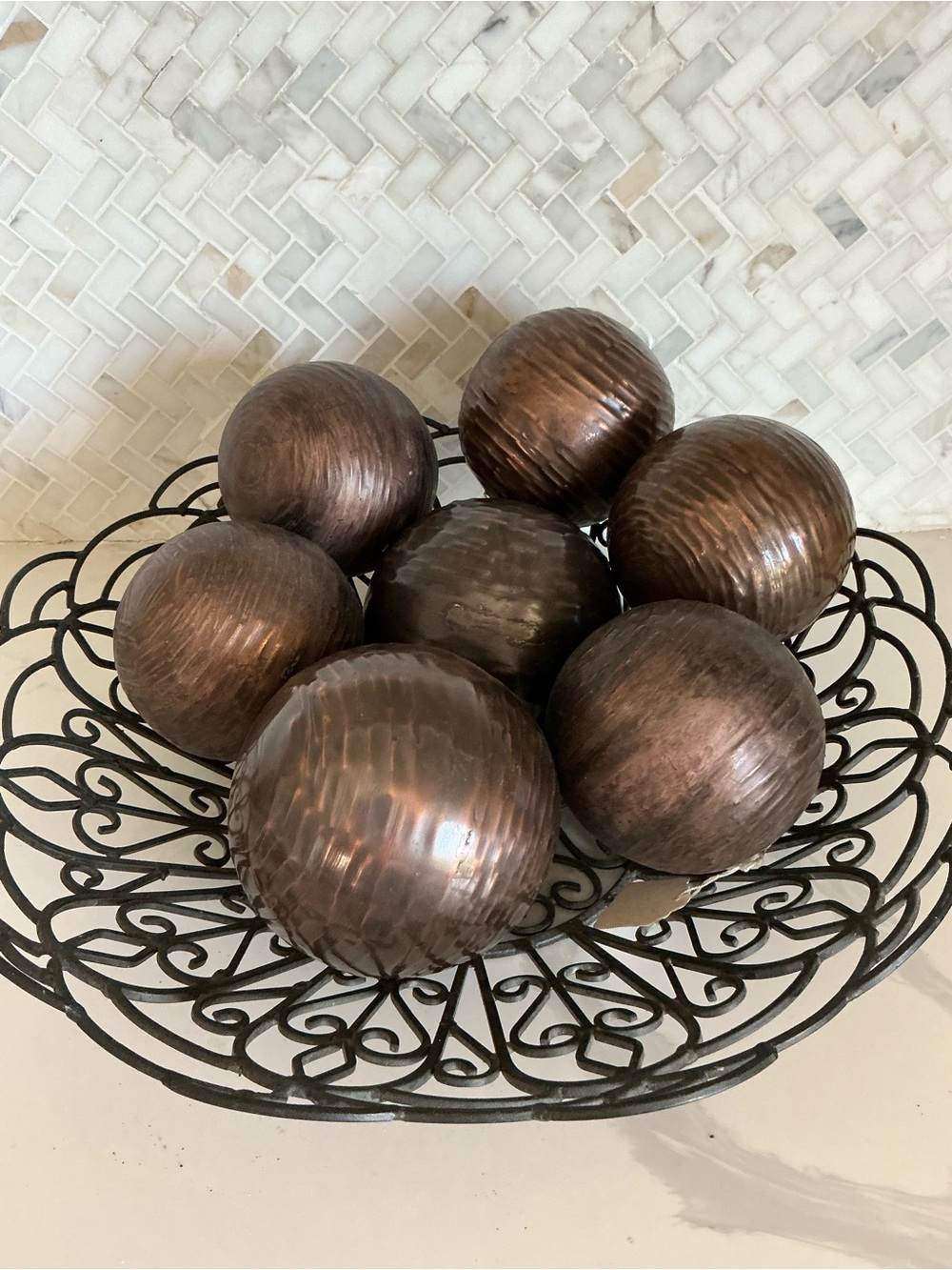 Decorative Copper Finish Spherical Accent Balls - Set of 7